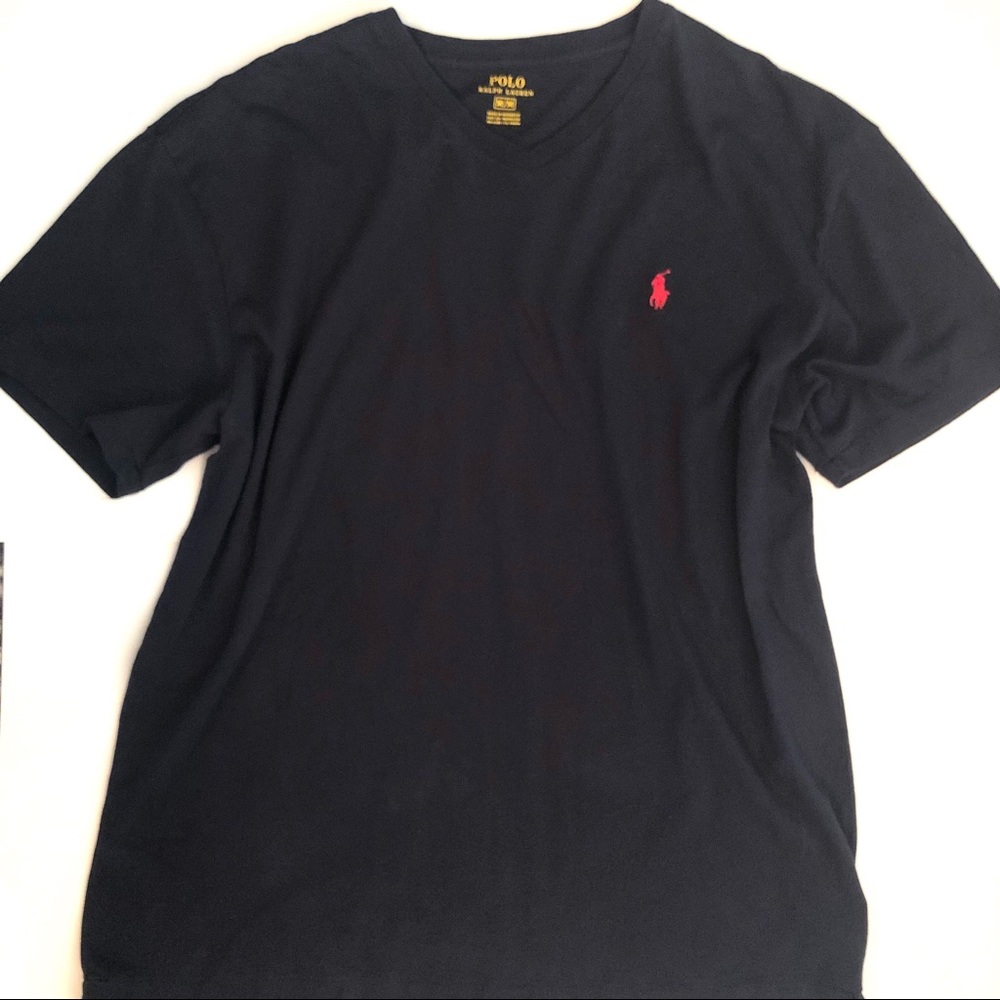 Navy polo with red logo